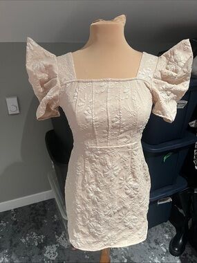 SHEIN Cream Embroidered Puff-Sleeve Mini Dress